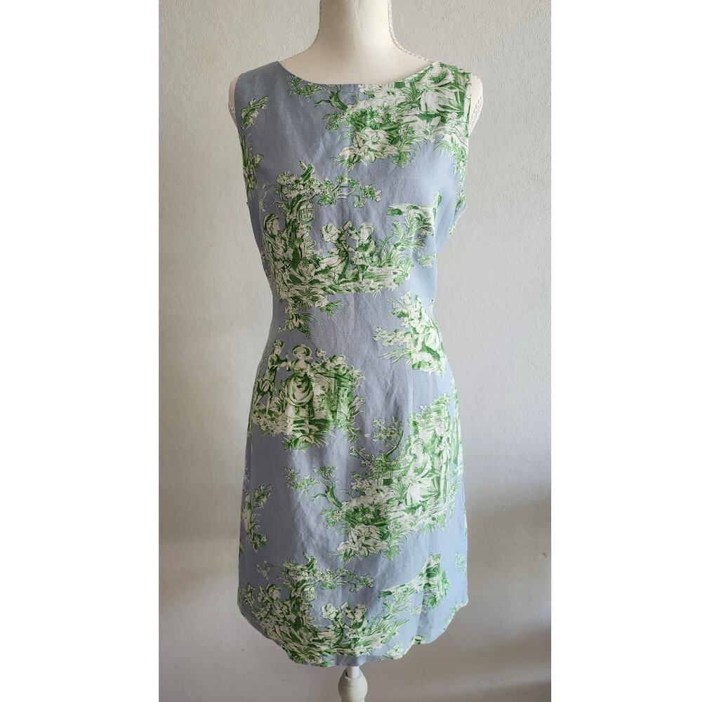Vintage Jessica Howard Toile de Jouy Dress Women's 10 Blue Green Linen Sheath